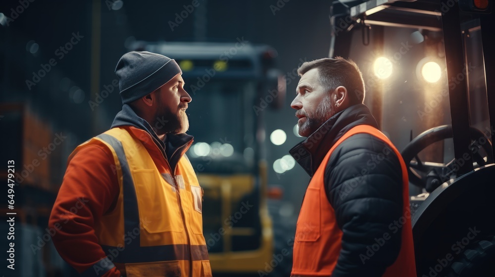 Supervisor and forklift man talking together to discussing cargo shipment in factory warehouse.