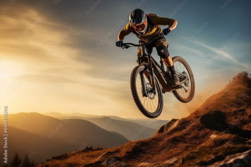 young man jumping in the air with a mountain bike practicing bmx downhill in the countryside
