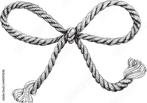 Hand drawn illustration bow knot of the rope in vector. Jute rope with bow. Twine. Isolated illustration on white background.