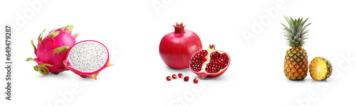 collection of organic natural full sliced Pomegranate, pineapple and dragon fruit isolated on transparent png background with shadows, for online menu shopping list ready for any background