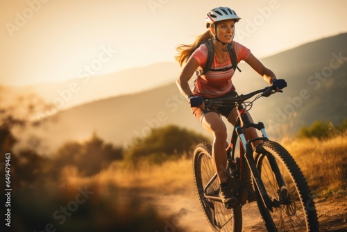 a caucasic woman ridingher mountain bike outdoors photo