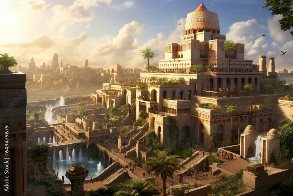 An ancient city in Babylon with a remarkable tower called Babel and enchanting residences. Generative AI