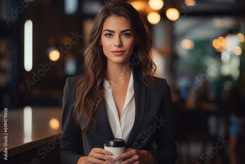 elegant woman wearing a suit drinking a cup of coffee looking to camera