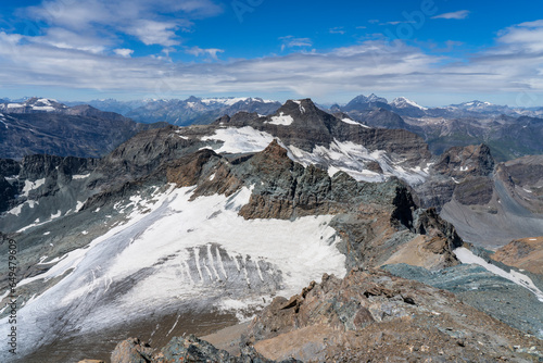 view of Ciamarella Glacier and peaks around (Albaron, Collerin, Grande Casse, Grande Motte, Chalanson, Parrachèe) from the mountain summit, Graian Alps (Valli di Lanzo, Italy)