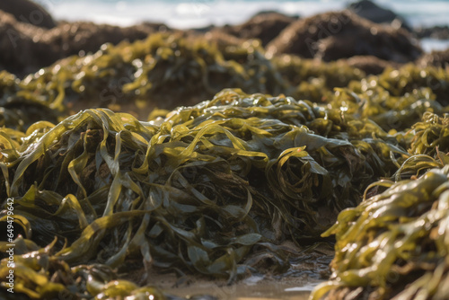 Kelp seaweed on the beach shore generative AI