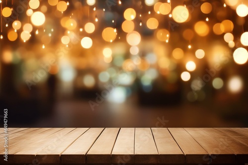 Wooden table with bokeh lights on blurred restaurant background. Generative AI