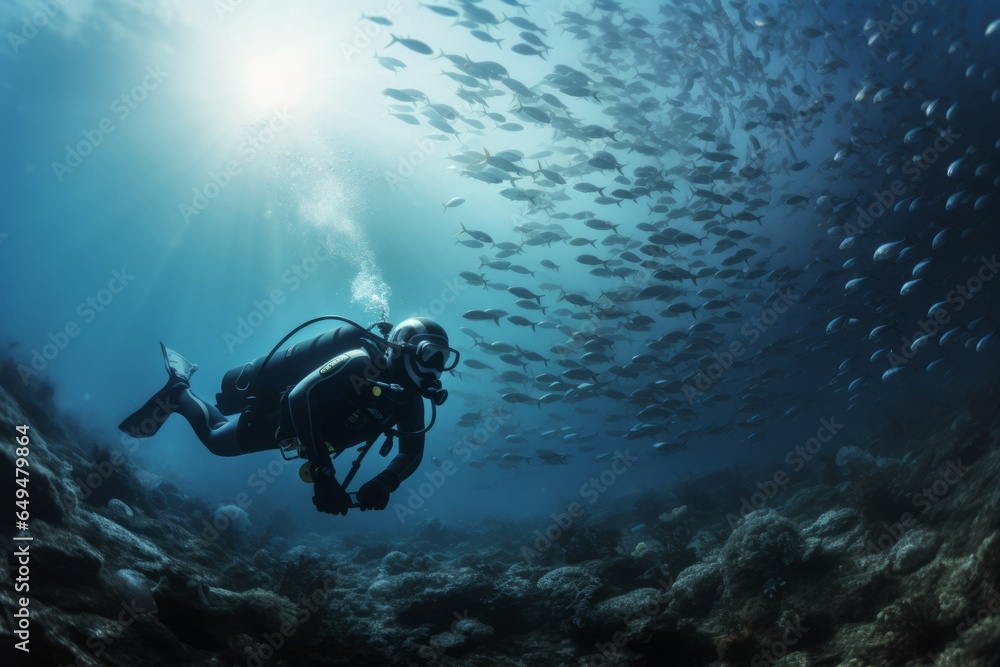 two scuba divers diving deep next to a bank of fishes two scuba divers diving deep next to a bank of fishes