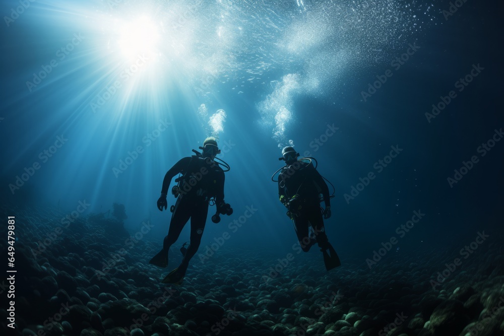 two scuba divers diving deep next to a bank of fishes - obrazy, fototapety, plakaty 