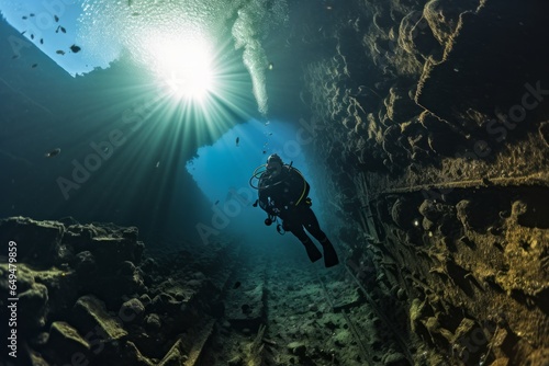 scuba diver diving underwater in a shipwreck in the sea  © urdialex