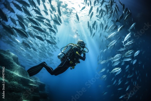 two scuba divers diving deep next to a bank of fishes © urdialex