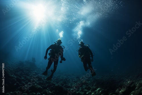 two scuba divers diving deep next to a bank of fishes © urdialex