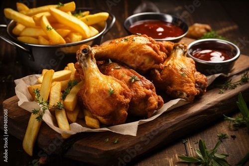 Chicken drumsticks with fries on rustic table. Generative AI photo