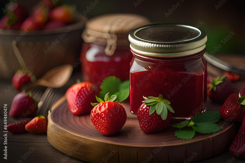 Strawberry jam in the glass jar with berries Strawberry jam in the glass jar with berries