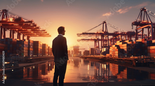 Business man at the sunset of the port of International Trade containers export