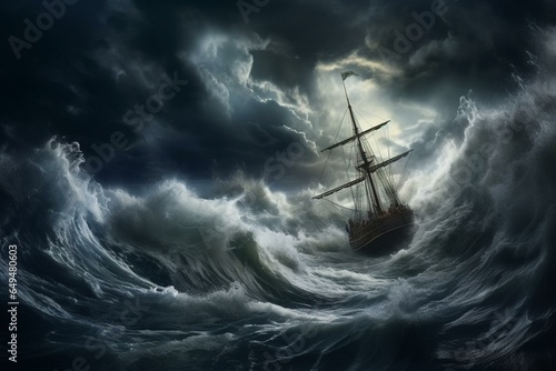 stormy sailboat amidst turbulent sea. Generative AI