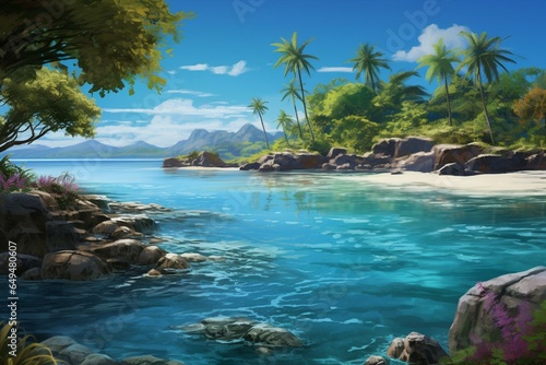 A serene oasis with calm turquoise waters, gently rippling waves, and a vibrant blue sky. Generative AI