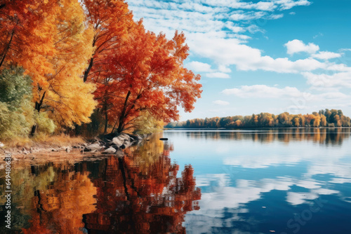 Beautiful autumn landscape with blue sky, lake and colorful trees reflected in water.