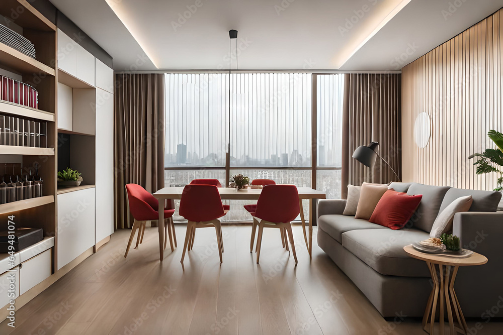 Fototapeta premium Luxury modern and vintage turquoise interior. Marble kitchen island with wooden chockers.