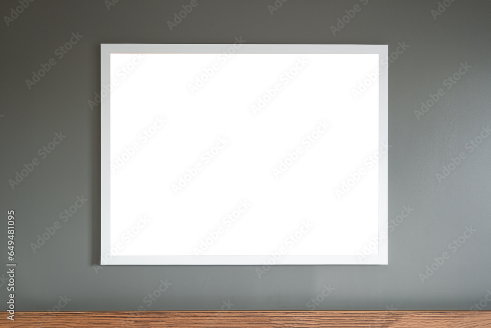 White frame hanging on the grey wall mockup template empty White frame hanging on the grey wall mockup template empty