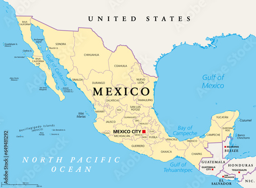 States of Mexico, political map. The United Mexican States, a country in the southern portion of North America. Federal republic composed of autonomous entities, of 31 states with capital Mexico City.