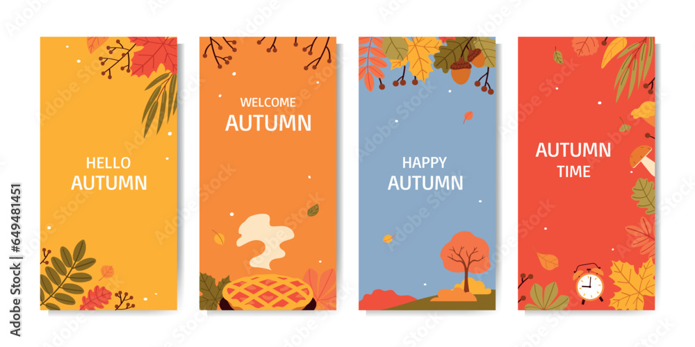 Set of autumn vertical banners. Flat Vector illustration for social media, ads, leaflets, posters and more marketing graphic design.