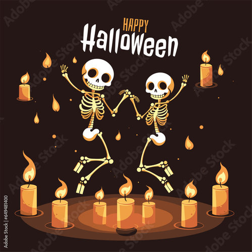 Skeletons dancing around candles, Halloween greeting, happy halloween illustration