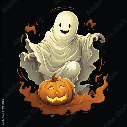 Happy ghost dancing with pumpkin, Halloween artwork illustration