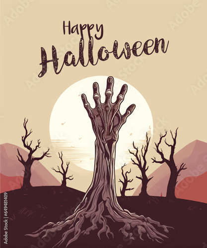 Hand emerging from ground, Halloween greeting, happy halloween illustration