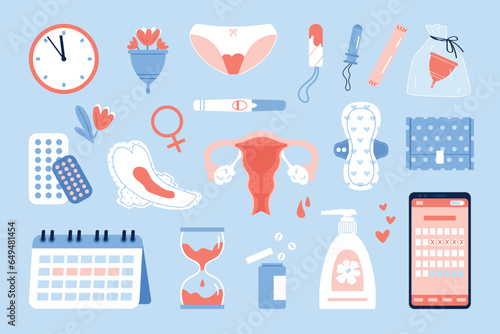 Menstrual period set. Female period products - tampon, pads, menstrual cup. Feminine menstrual care. Flat vector illustration on a blue background.