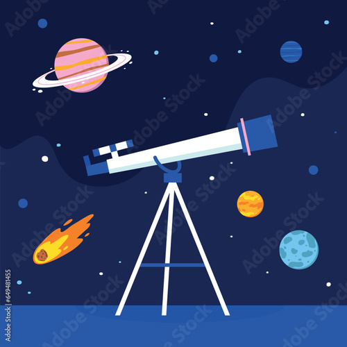 Astronomical telescope looks into space. Space. Planets, stars and comets. Flat vector illustration.