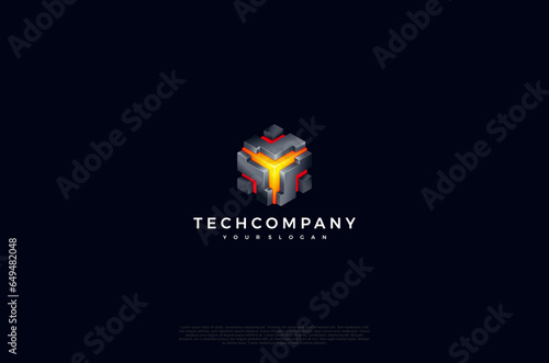 Abstract core 3d cube gradient shiny bright red color progressive logo technology. Vector design template