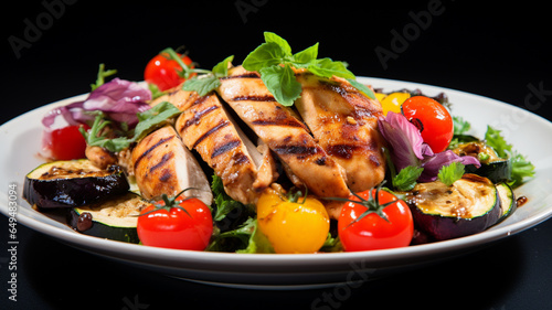 grilled chicken breast with vegetables on a wooden background.