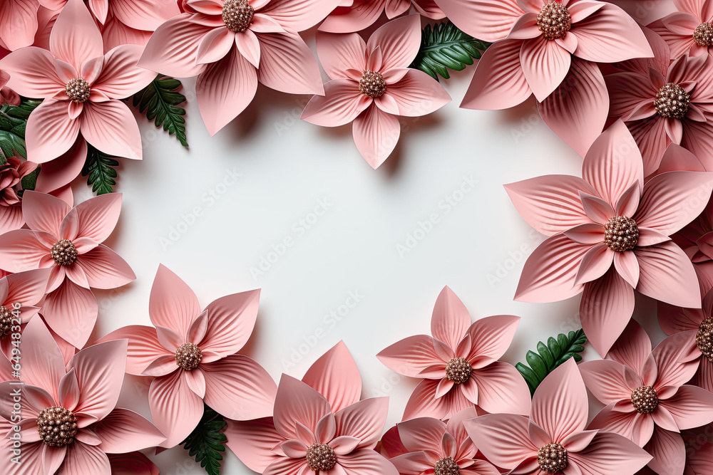 Christmas festive Pink poinsettias decorations heart frame with white copy space Christmas festive Pink poinsettias decorations heart frame with white copy space