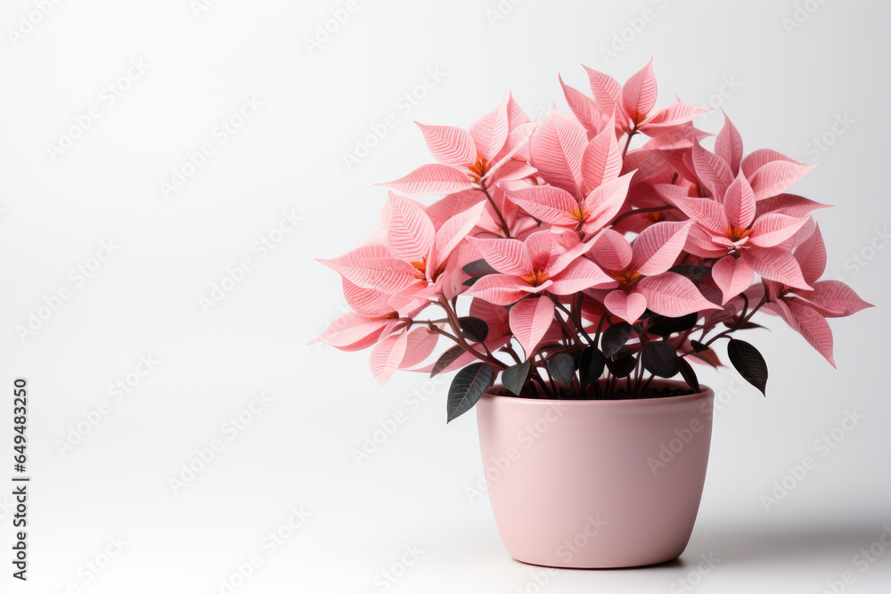 Christmas festive Pink poinsettia flowers in pink pot on white wall background