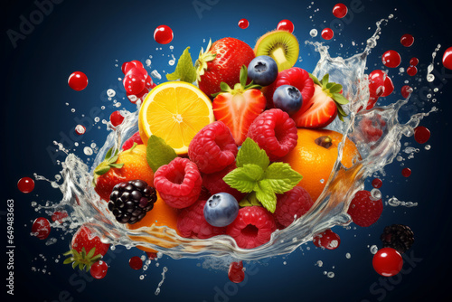 Beautiful water splash from various fruits on a beautiful dark blue background.generative ai 