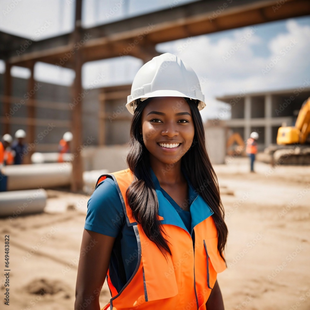 Happy construction worker at the construction site with helmet and warning vest. Employee in construction. Construction engineer. Person of color. Builder. Architect. Generative AI. Happy construction worker at the construction site with helmet and warning vest. Employee in construction. Construction engineer. Person of color. Builder. Architect. Generative AI.