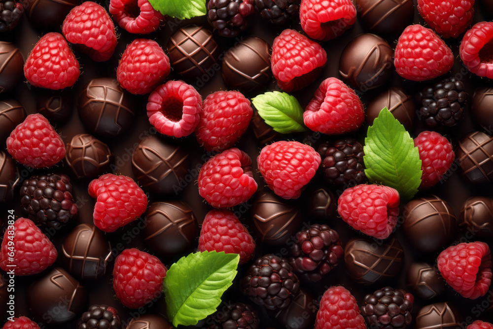 Beautiful background with chocolate candies, raspberries, blackberries and green mint leaves on dark background, top view.generative ai
Beautiful background with chocolate candies, raspberries, blackberries and green mint leaves on dark background, top view.generative ai