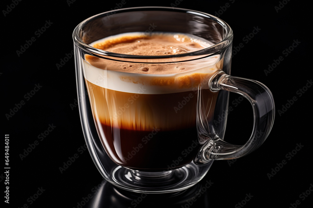 Transparent cup of steaming coffee with milk that did not reach the bottom isolated on black background.Advertising concept or theme for a coffee shop with space for text or inscriptions.generate ai
