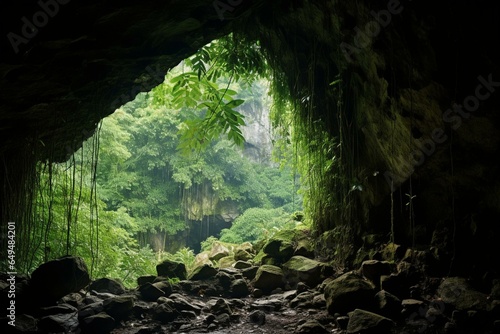 Scenic cave opening resembling a window at Arecibo, Puerto Rico, offers a lush green view. End of a hike. Generative AI photo
