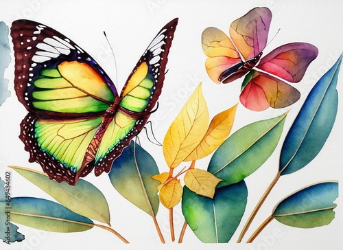 Watercolor illustration of butterflie and leaves