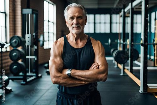 A old man with a beard stands in a gym with a large white beard.