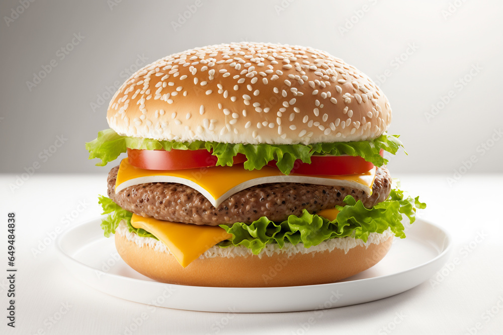 Juicy grilled beef patty topped with melted cheddar cheese, crispy lettuce and fresh pickles. Generated by AI Juicy grilled beef patty topped with melted cheddar cheese, crispy lettuce and fresh pickles. Generated by AI