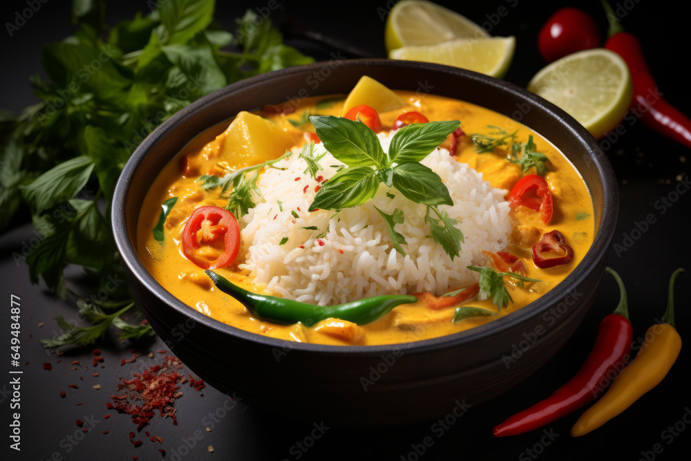 Indian curry dish with rice and sauce and chili peppers on a beautiful background with ingredients next to it, close up view.generative ai
