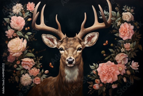 A painting of a deer adorned with flowers and a flower crown, set against a dark background with a central arrangement of pink flowers on its antlers. Generative AI © Finlay