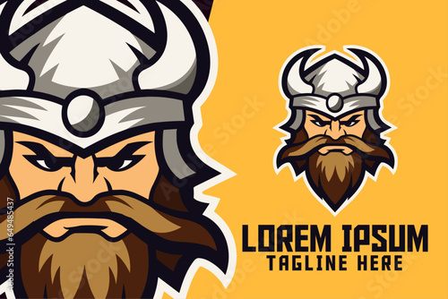 Sport and Esport Berserker: Golden Viking Mascot Head Logo, Nordic Template, Warrior with Helmet Icon Badge Emblem