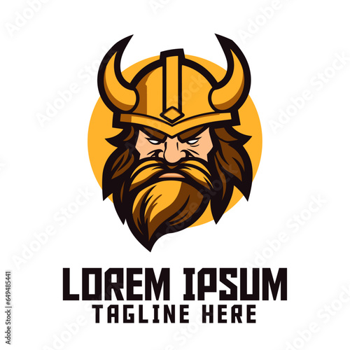 Esport Berserker: Golden Viking Mascot Head Logo, Nordic Template, Warrior with Helmet Icon Badge Emblem for Sport