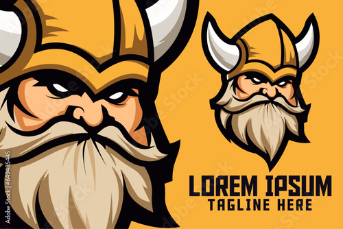 Badge Emblem of a Golden Viking: Mascot Head Logo, Nordic Template, Warrior with Helmet for Berserker Sport and Esport