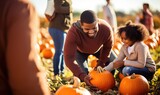 Father and daughter sitting in pumpkin patch, outdoors portrait. Happy family at farm picking pumpkins for Halloween or Thanksgiving Day.