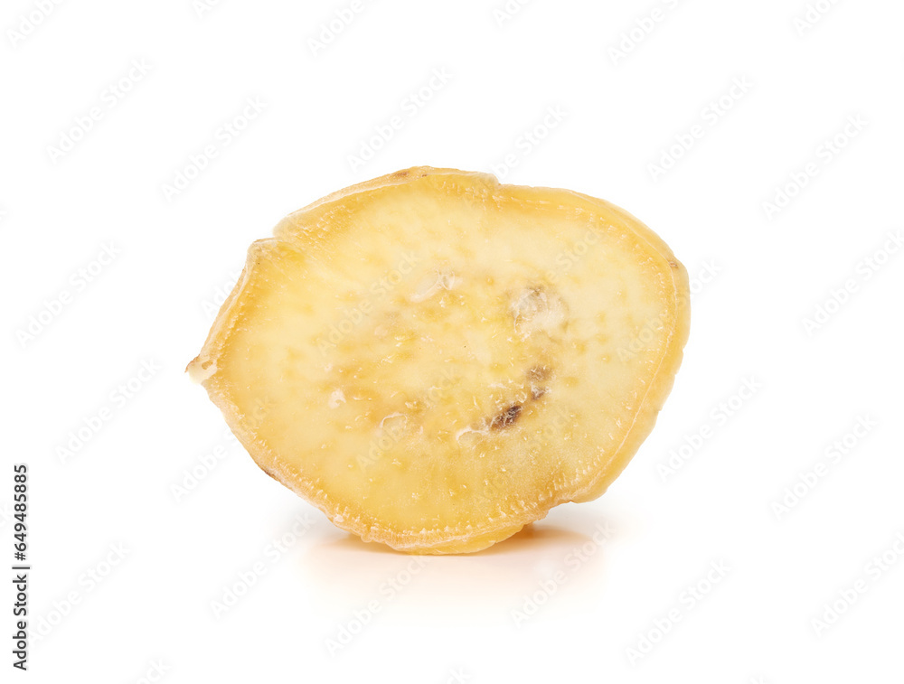 Sweet potato chip slice standing. Slow baked or dehydrated vegetable slice. Healthy dog snack or treat for obedience. Healthy chips with high fiber and vitamin A. Selective focus. White background.