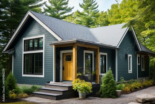 Modern gray cottage with hardy board siding and teal door. Generative AI